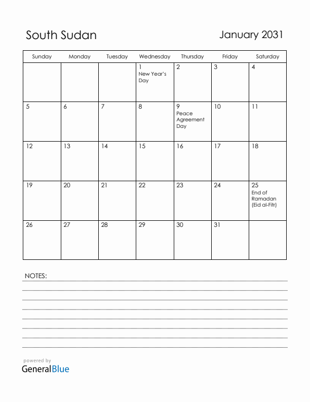 January 2031 South Sudan Calendar with Holidays (Sunday Start)