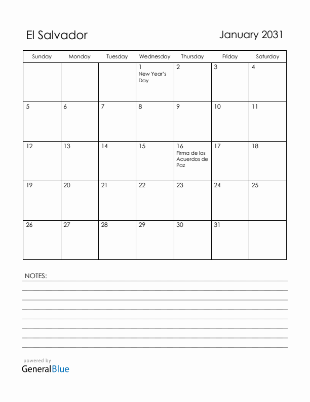January 2031 El Salvador Calendar with Holidays (Sunday Start)