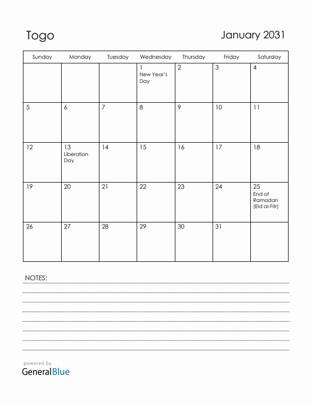 January 2031 Togo Calendar with Holidays (Sunday Start)