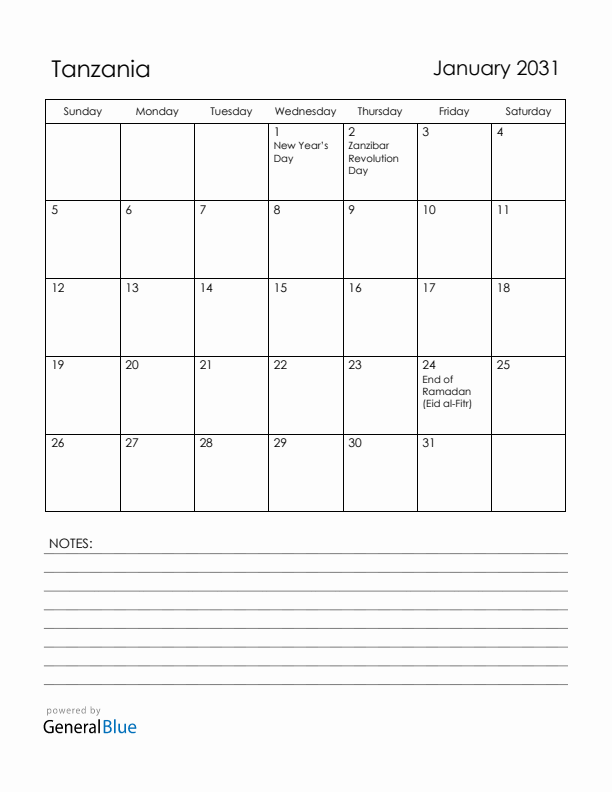 January 2031 Tanzania Calendar with Holidays (Sunday Start)