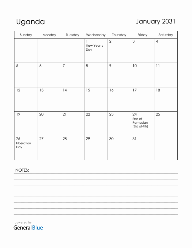 January 2031 Uganda Calendar with Holidays (Sunday Start)