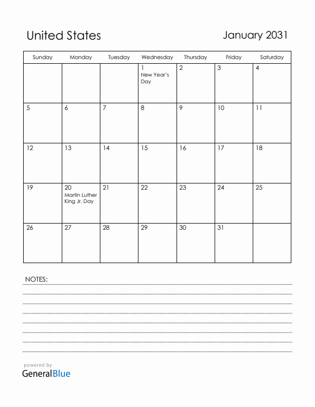 January 2031 United States Calendar with Holidays (Sunday Start)