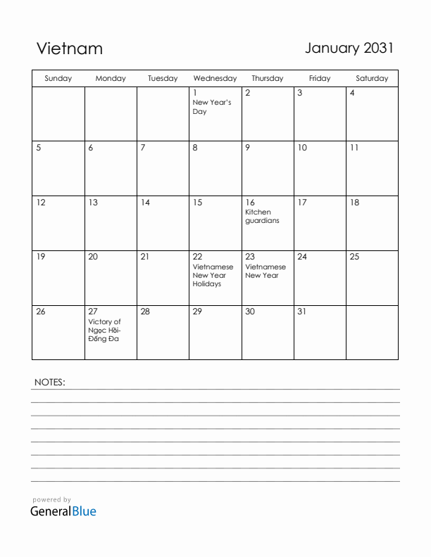 January 2031 Vietnam Calendar with Holidays (Sunday Start)