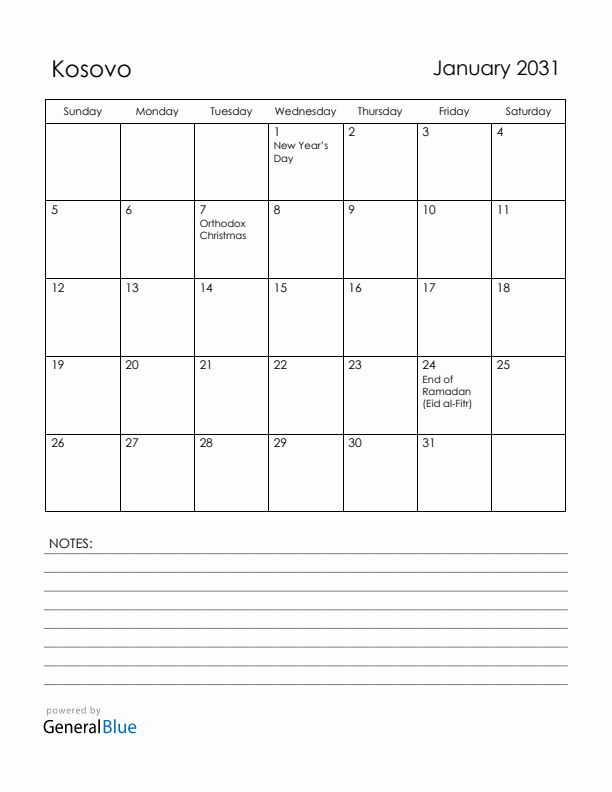 January 2031 Kosovo Calendar with Holidays (Sunday Start)