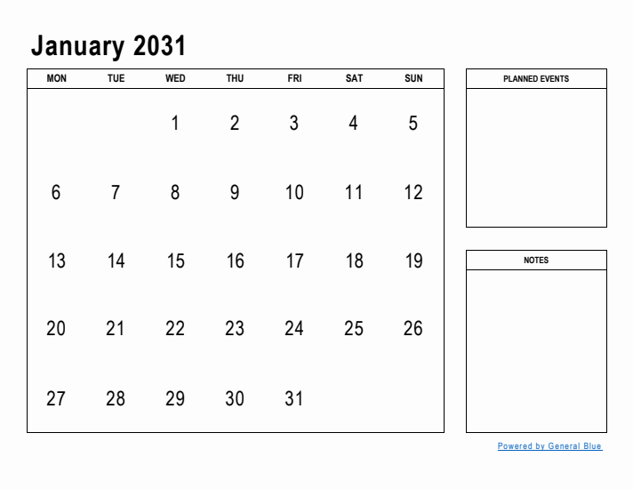 January 2031 Calendar Planner