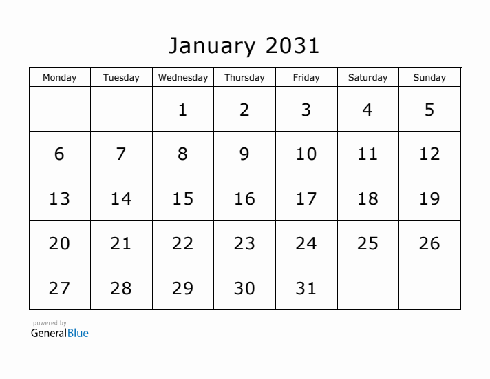 Printable January 2031 Calendar - Monday Start