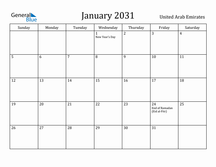 January 2031 Calendar United Arab Emirates