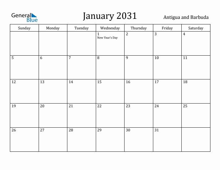 January 2031 Calendar Antigua and Barbuda
