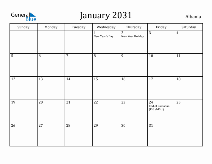 January 2031 Calendar Albania