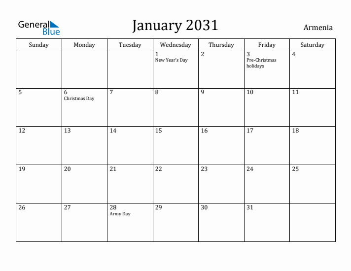 January 2031 Calendar Armenia