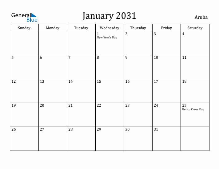 January 2031 Calendar Aruba