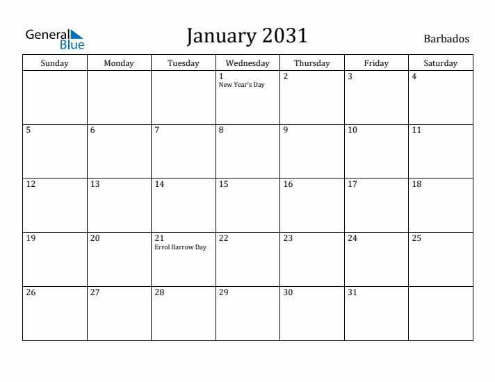January 2031 Calendar Barbados