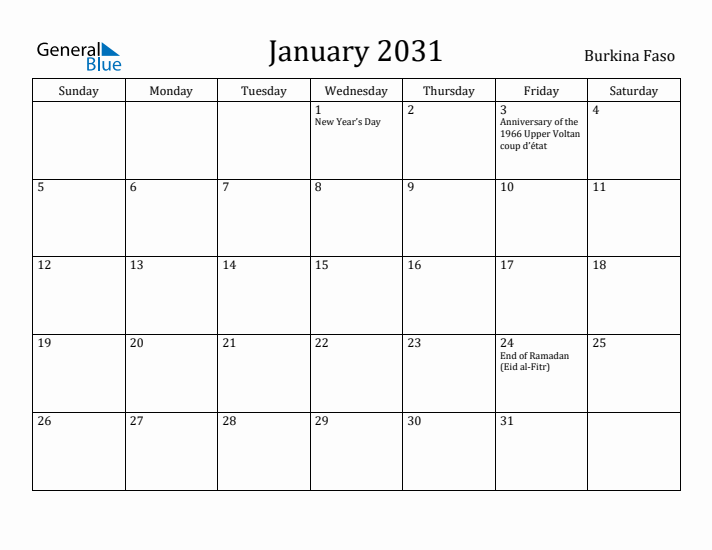 January 2031 Calendar Burkina Faso