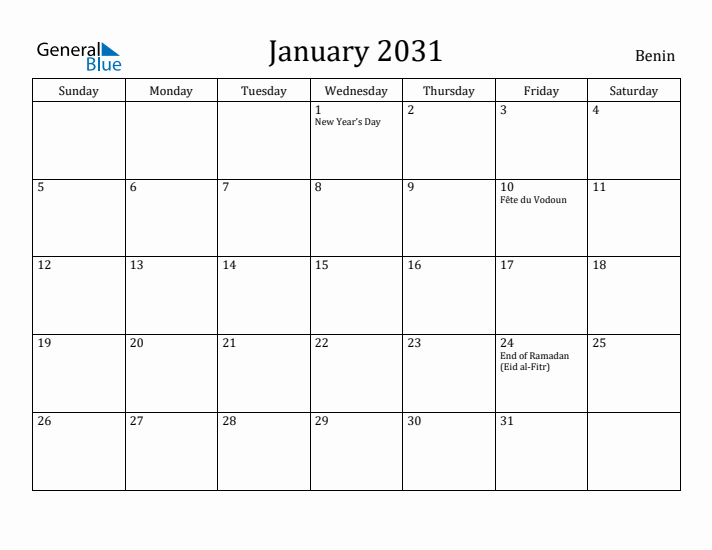 January 2031 Calendar Benin