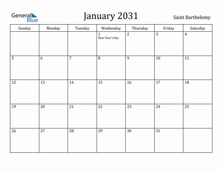 January 2031 Calendar Saint Barthelemy