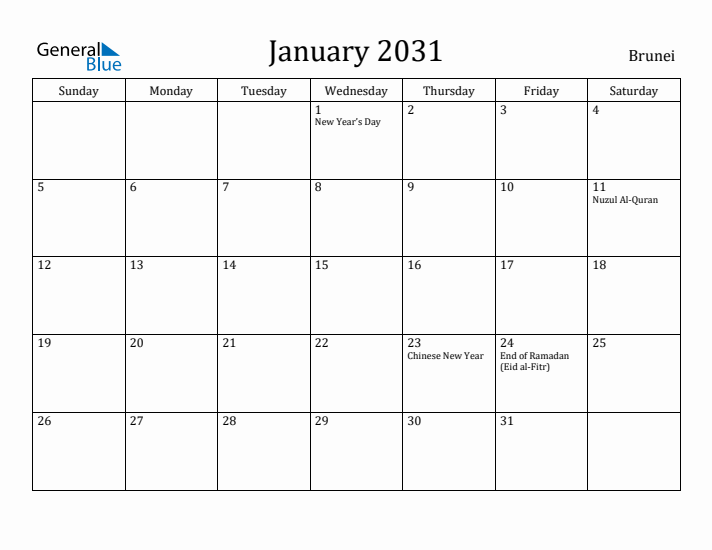 January 2031 Calendar Brunei
