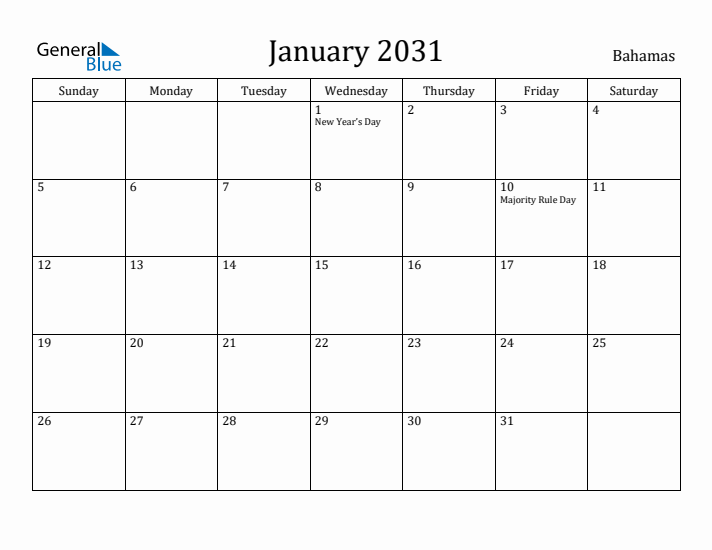 January 2031 Calendar Bahamas
