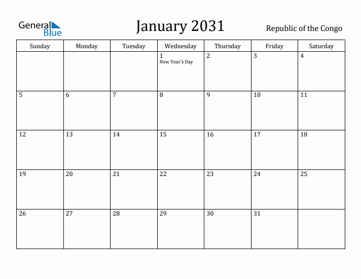 January 2031 Calendar Republic of the Congo