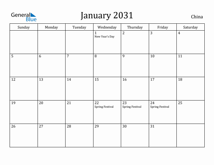 January 2031 Calendar China