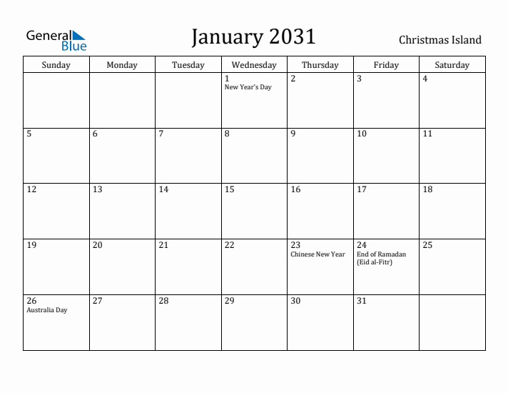 January 2031 Calendar Christmas Island