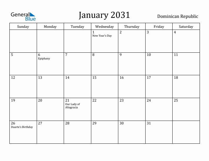 January 2031 Calendar Dominican Republic