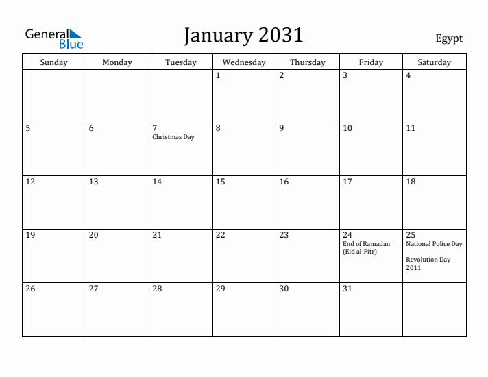 January 2031 Calendar Egypt