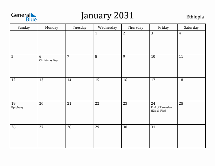 January 2031 Calendar Ethiopia