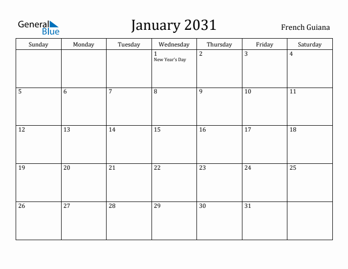 January 2031 Calendar French Guiana
