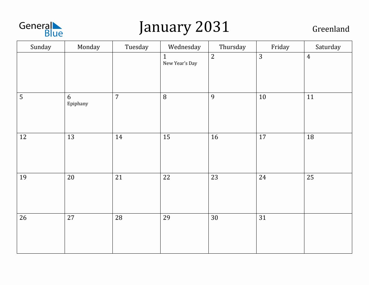 January 2031 Monthly Calendar with Greenland Holidays