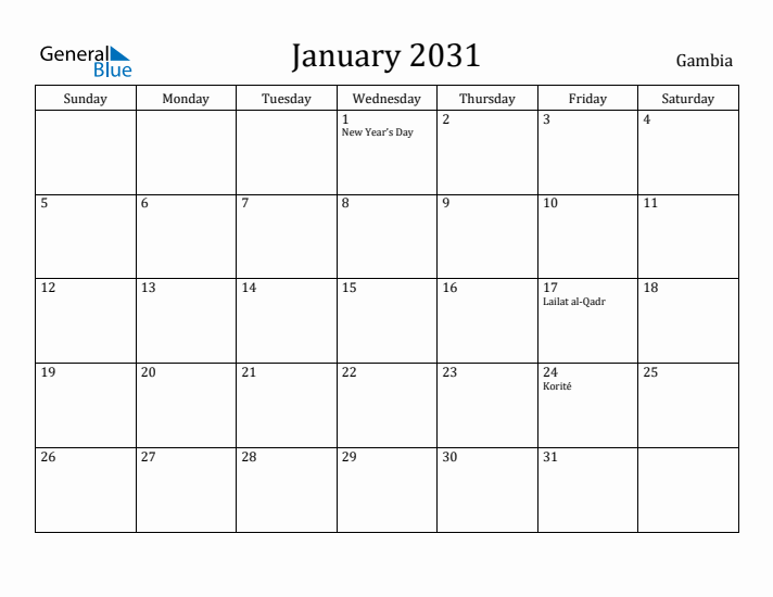 January 2031 Calendar Gambia
