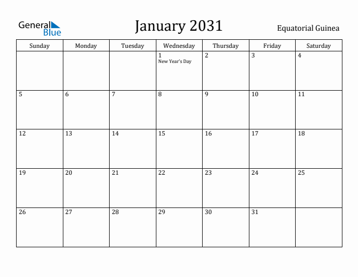 January 2031 Calendar Equatorial Guinea