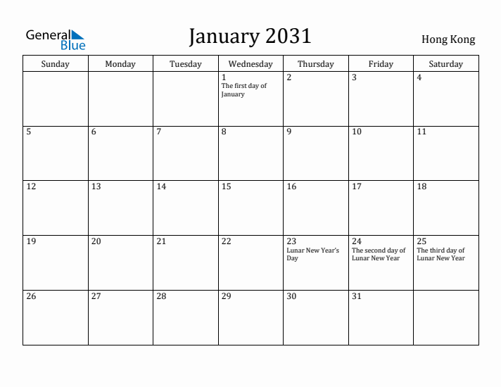 January 2031 Calendar Hong Kong