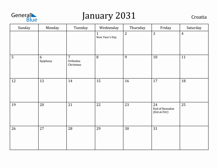 January 2031 Calendar Croatia