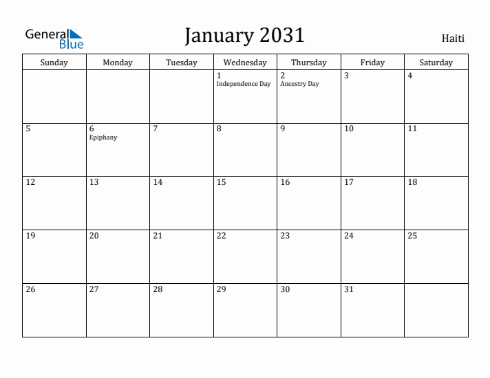 January 2031 Calendar Haiti