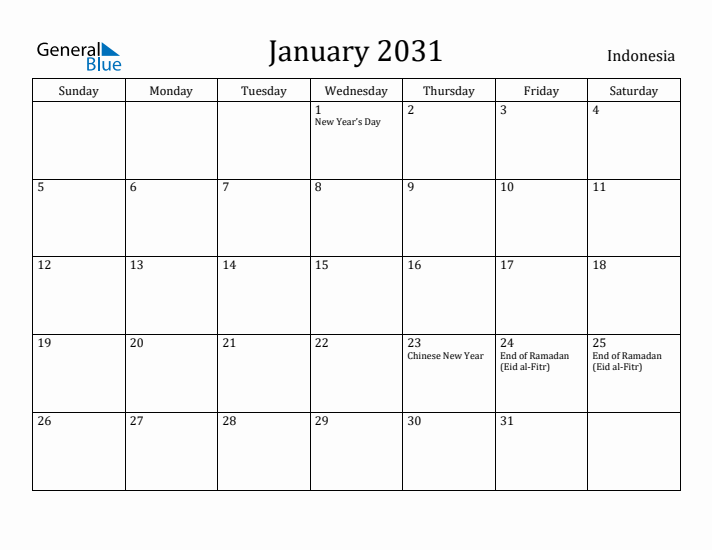 January 2031 Calendar Indonesia