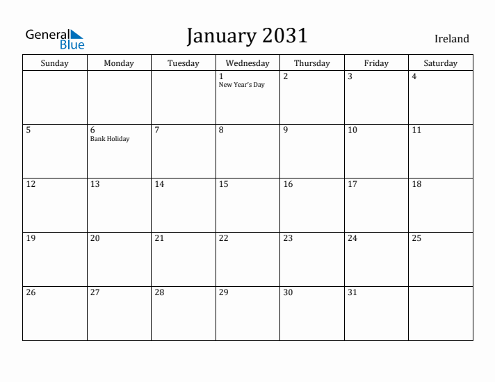 January 2031 Calendar Ireland
