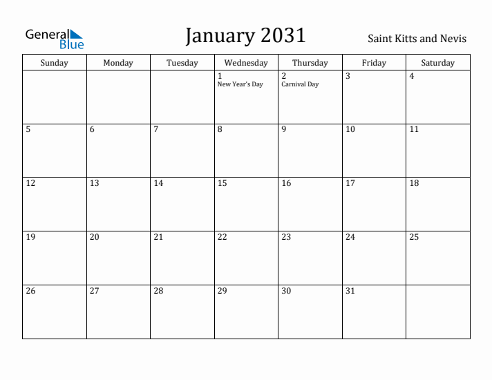 January 2031 Calendar Saint Kitts and Nevis