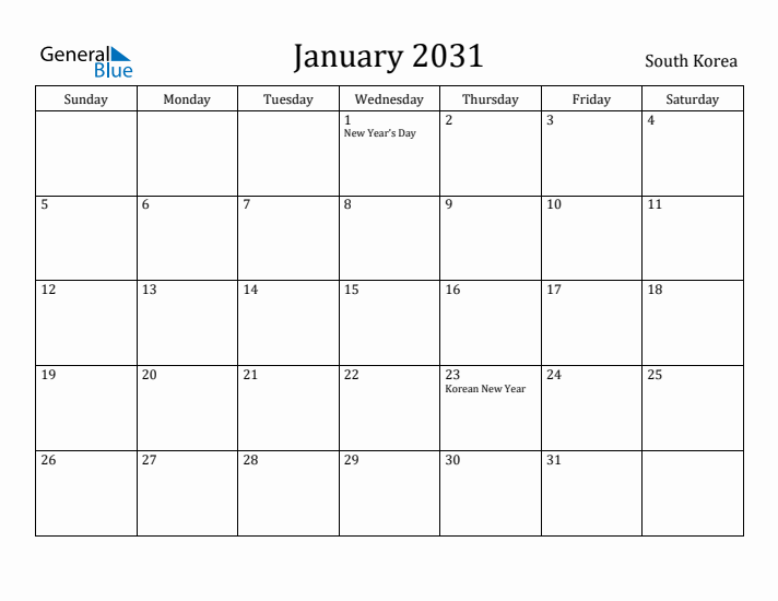January 2031 Calendar South Korea