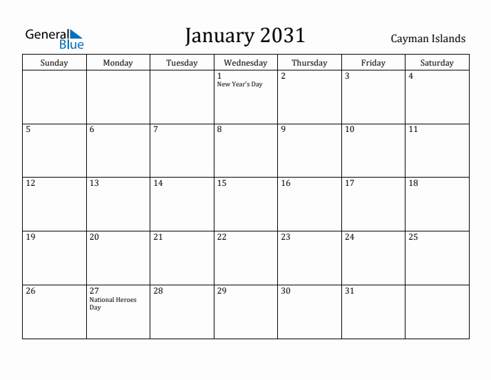 January 2031 Calendar Cayman Islands