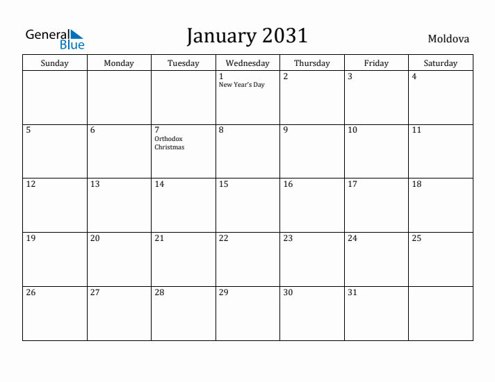 January 2031 Calendar Moldova