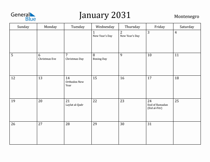 January 2031 Calendar Montenegro