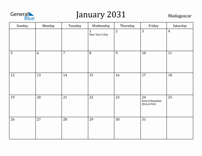 January 2031 Calendar Madagascar