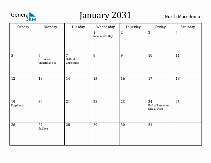 January 2031 Calendar North Macedonia