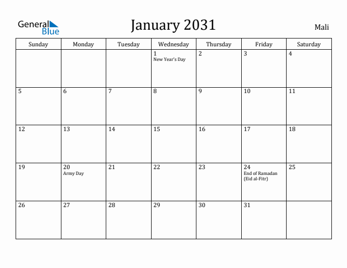 January 2031 Calendar Mali