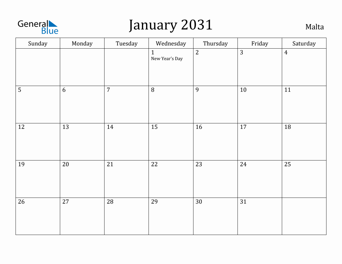 January 2031 Monthly Calendar with Malta Holidays