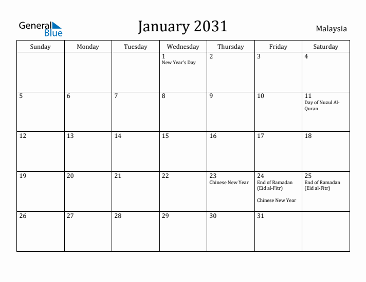 January 2031 Calendar Malaysia