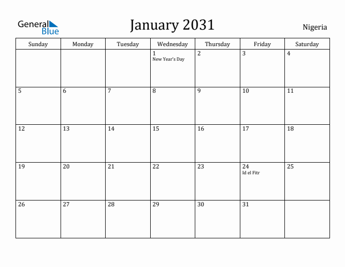 January 2031 Calendar Nigeria