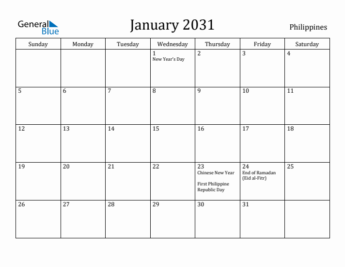 January 2031 Calendar Philippines