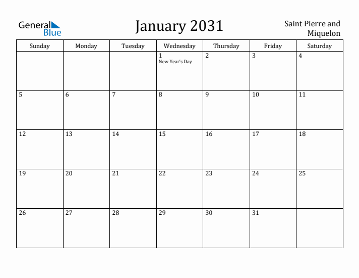 January 2031 Calendar Saint Pierre and Miquelon