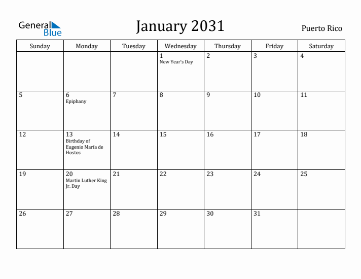 January 2031 Calendar Puerto Rico